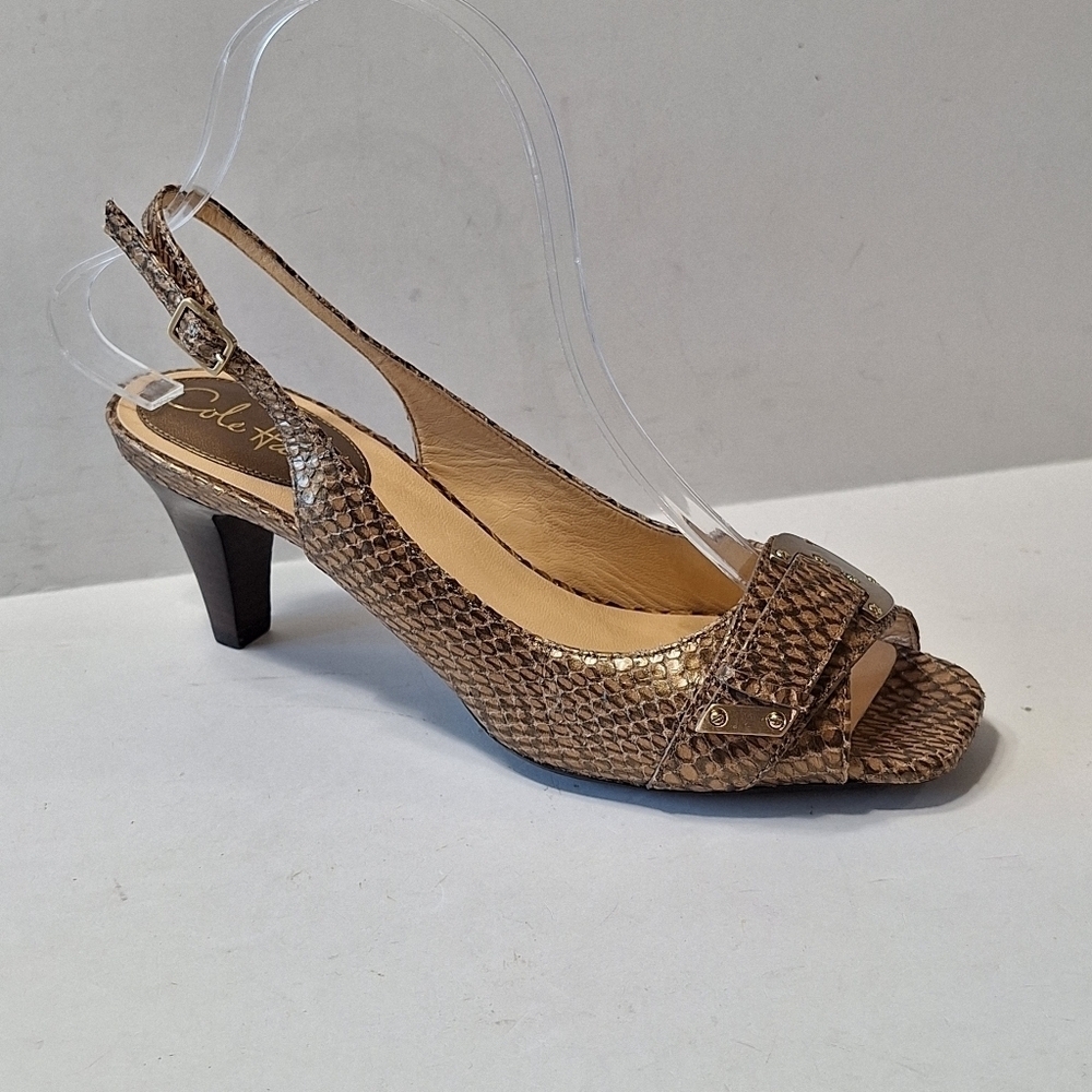 Cole Haan Brown Tan Faux Leather Mobwife Snake Print Open Toe Slingbacks Size 7